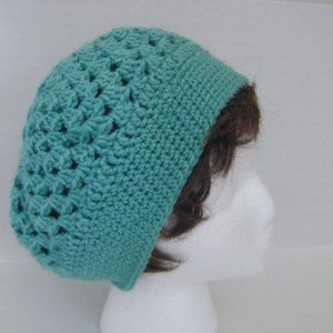 New Hand Crocheted Beret in Blue-Greenish Easy Care Acrylic. Handcrafted